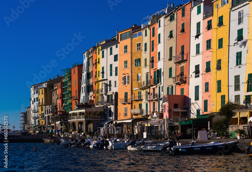 View of colorful buildings and quay of Portovenere on Ligurian seaside, Italy.