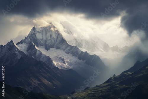 Closeup of snow-capped mountains in the Alps under menacing clouds. Generative AI