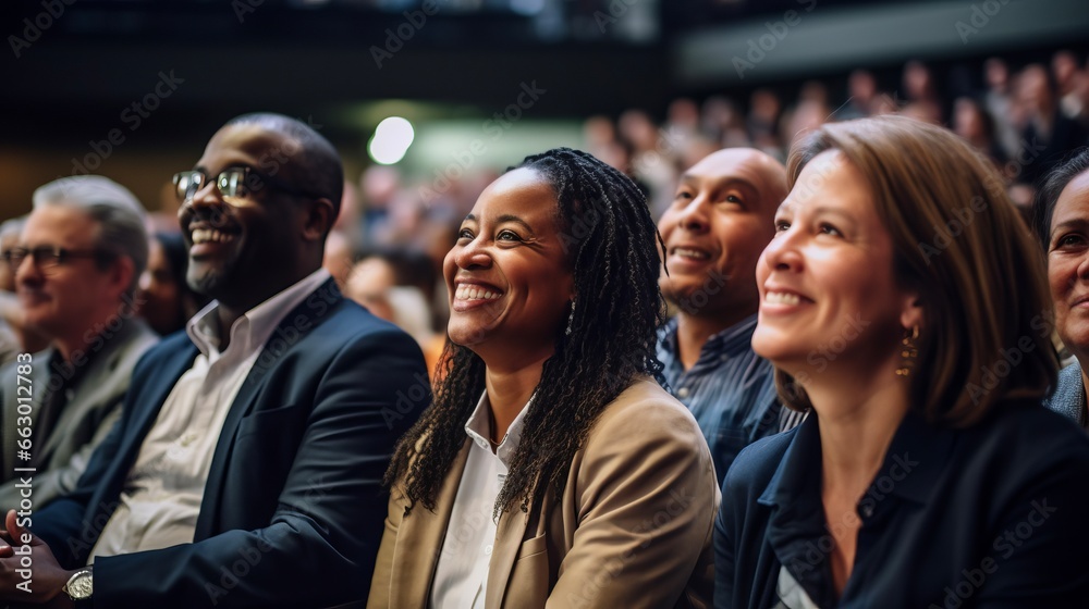 Diverse audience enjoying a business conference; attention foused on off-screen speaker