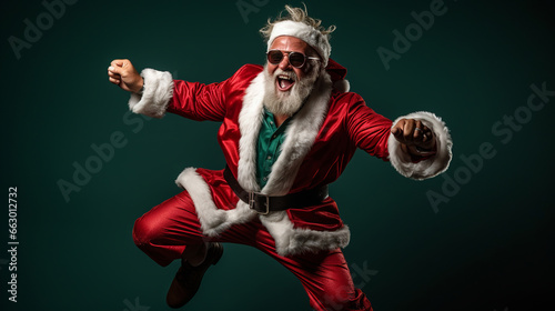 Santa Claus smiling celebrating Christmas isolated on a red background, Christmas banner, Generative AI