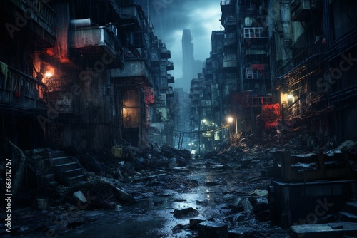 Nighttime ruins in a Chinese city. Transformed from vibrant to decaying, it's a haunting, dystopian scene. Generative AI