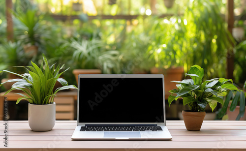 Workspace Elegance: Wooden Table Featuring Laptop, Blank Screen, Steaming Coffee, and Vibrant Plant in Blurred Backdrop. Aesthetic Harmony of Nature and Technology. Manually Modified Generative AI © Paul