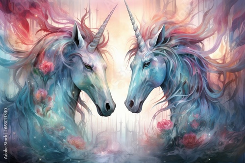Majestic unicorns with shimmering silver horns - Generative AI © Sidewaypics
