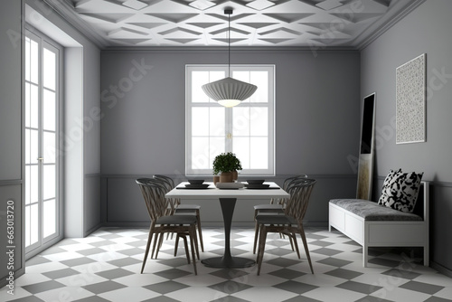 Gray dining area with concrete floor  gray and patterned walls  dark oak table  and white seats. Original ceiling lamp. mockup. Generative AI