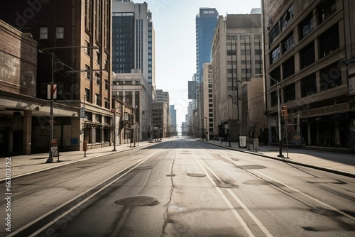 A deserted road surrounded by city structures. Generative AI