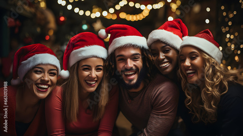 Festive Multicultural Group Celebrating Christmas and New Year in Santa Hats