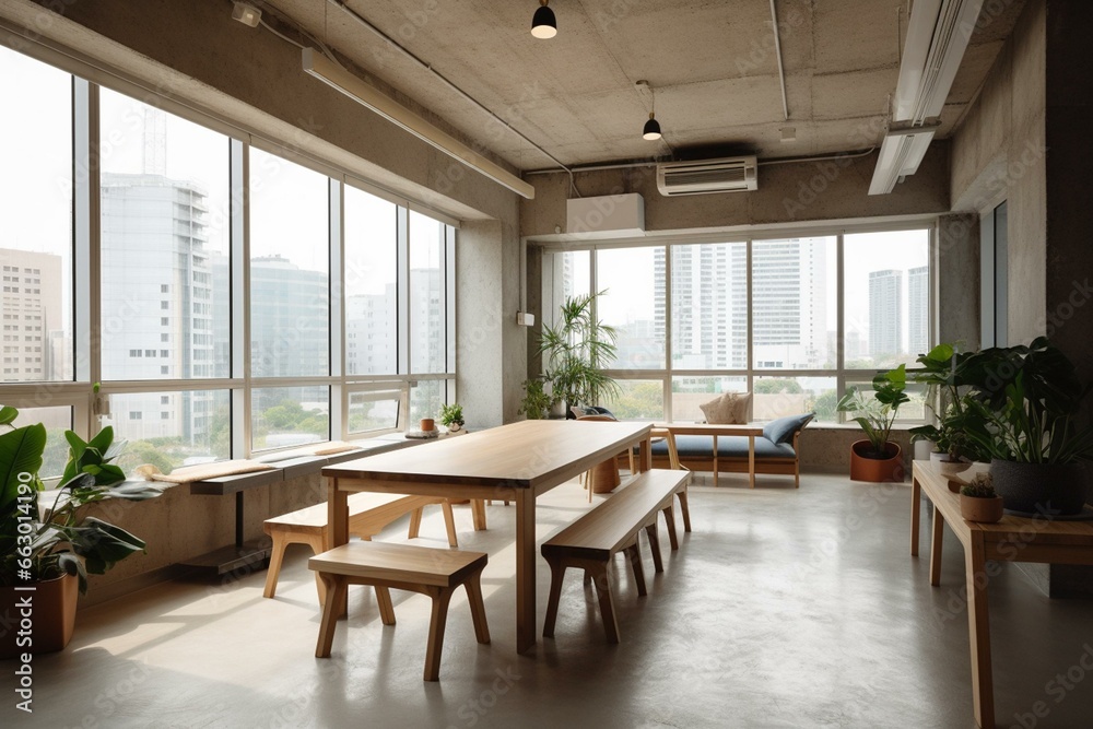 Contemporary coworking space featuring concrete, wood, furniture, partitions, plant, window, and natural light. Generative AI