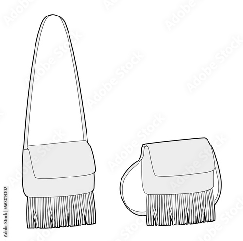Medicine bag Saddle silhouette crossbody with tassels fringe. Fashion accessory technical illustration. Vector satchel for Men, women, unisex style, flat handbag CAD mockup sketch outline isolated