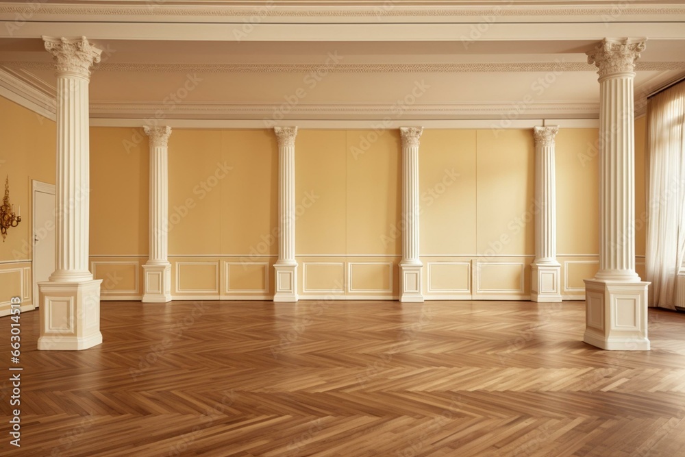 View of a spacious dining room with sideboard, empty canvas, column, beige wall, and parquet floor. Generative AI - obrazy, fototapety, plakaty 