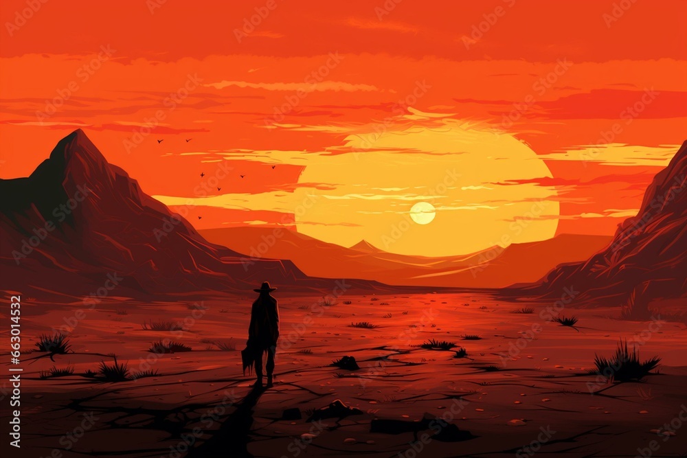 Illustration of a desert sunset. Generative AI