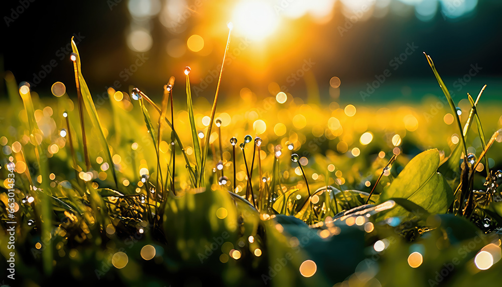 Sunlit field of fresh green grass with dew drops close-up. A wonderful artistic image of the purity and freshness of nature. Generative AI - obrazy, fototapety, plakaty 