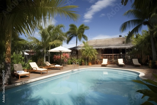 Idyllic coastal retreat with pool, loungers, umbrellas, palms & azure sky. Ultimate summer getaway. Generative AI