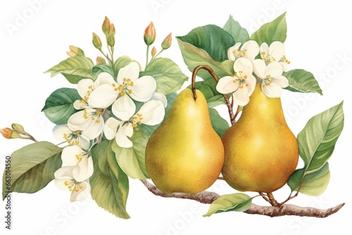 Pear illustration with leaves, flower and fruits on white background. Vintage botanical watercolor by Giorgio Gallesio, published in Pisa, Italy. Generative AI photo