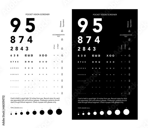 Rosenbaum Pocket Vision Screener Eye Test Chart medical illustration with numbers. Line vector sketch style isolated on white, black background. Vision board optometrist ophthalmic for examination
