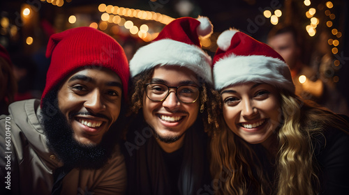 Festive Fun, Multicultural Group Celebrating Christmas and New Year's Party in Red Santa Hats