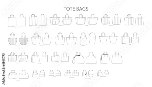 Set of Tote Bags. Fashion accessory technical illustration. Vector satchel front 3-4 view for Men, women, unisex style, flat handbag CAD mockup sketch outline isolated