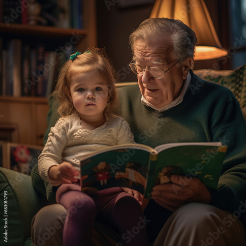 grandparent reading to a grandchild in a suburban living room
