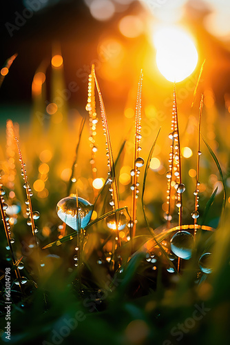 Sunlit field of fresh green grass with dew drops close-up. A wonderful artistic image of the purity and freshness of nature. Generative AI