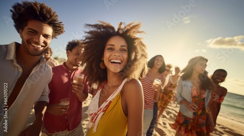 Beautiful woman smiling at sunset beach party