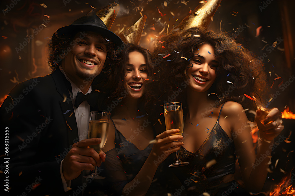 Fototapeta premium New Year's Eve Celebrations, Champagne Toasts, Confetti, and Party Hats with Friends or Family