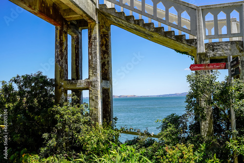 View to the bay under an old walkway on Alcatraz Island  San Francisco  California.