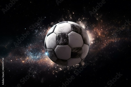 Soccer ball floating in outer space. Generative AI © Renata