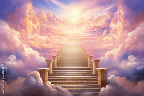 A shimmering stairs leading to an ethereal paradise filled with radiant clouds. Generative AI