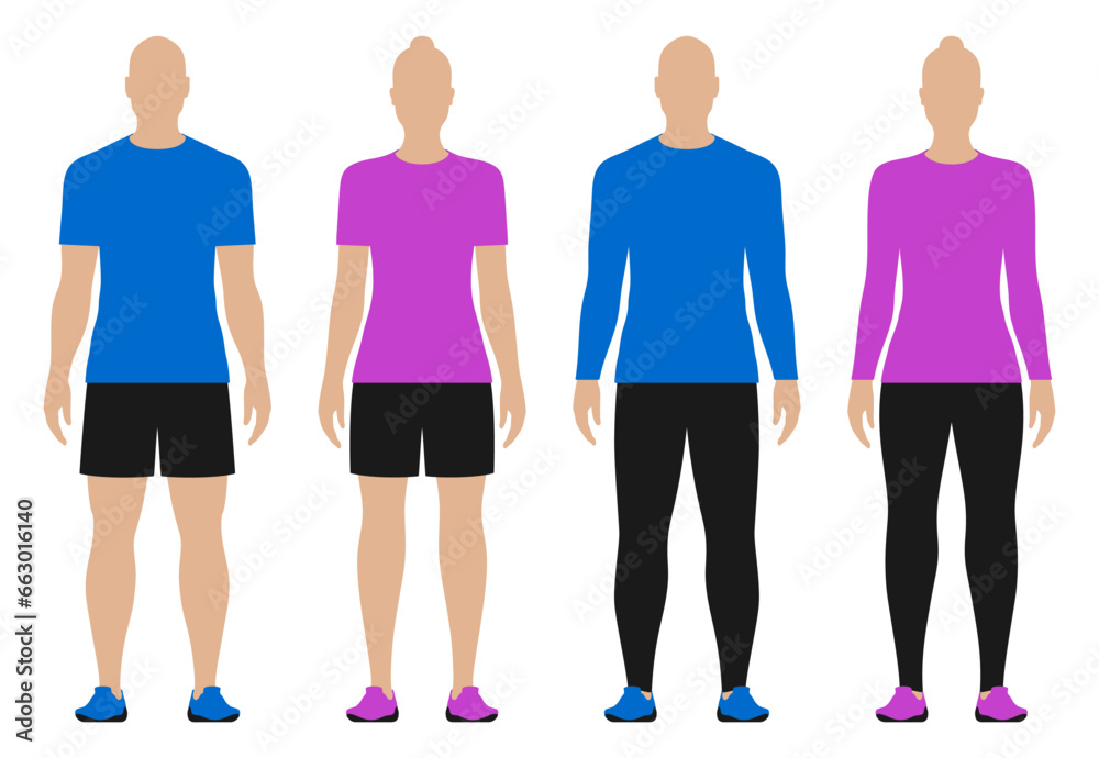 Athletic men and women dressed in long and short sleeve shirts, pants, and shorts, isolated on white background. Vector set of different size clothing.