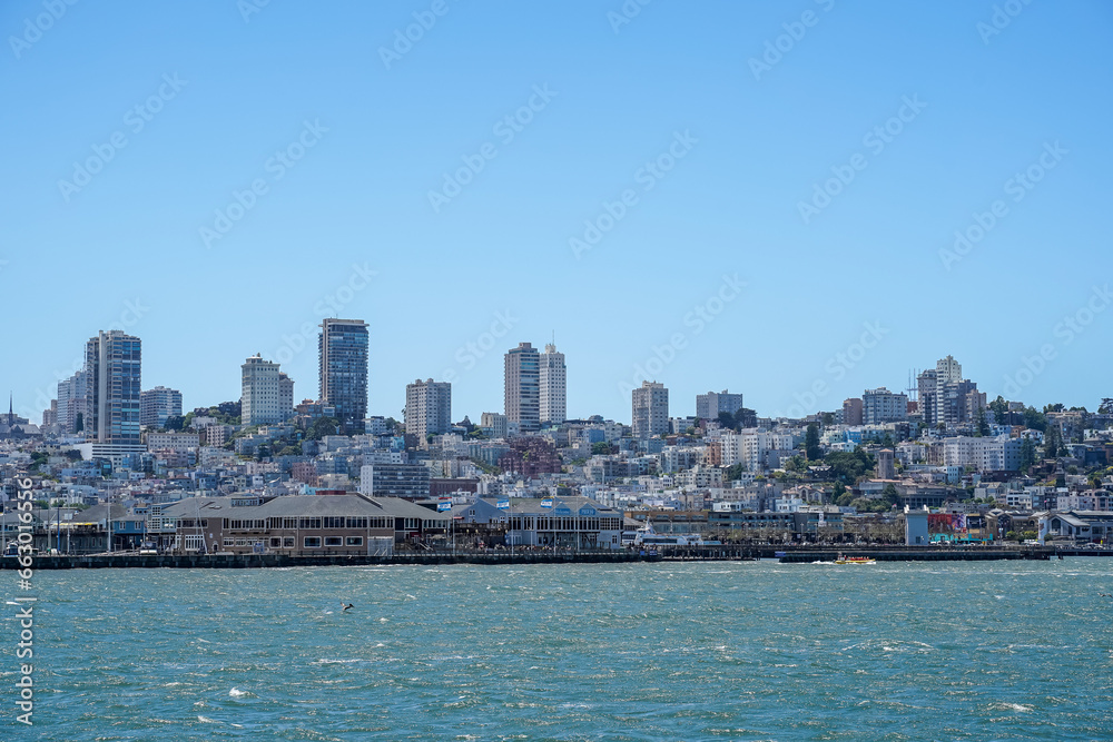 San Francisco, California - USA - June 19, 2023 - View from tour boat coming from Alcatraz Island. View of the city from the water.