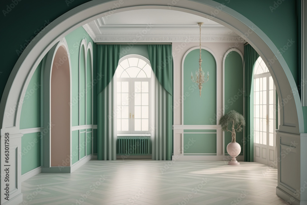 Neoclassical building concept with arched doors and drapes, parquet wooden floor, and molded walls in an empty room with pastel shades of white and green. Generative AI