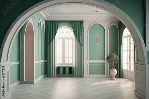 Neoclassical building concept with arched doors and drapes  parquet wooden floor  and molded walls in an empty room with pastel shades of white and green. Generative AI