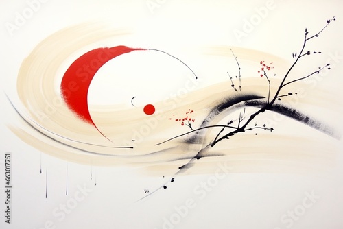 Abstract black tree branch with gold wind and red crescent, calligraphy style watercolor ink minimalist meditation painting illustration with flowing organic curved shapes 