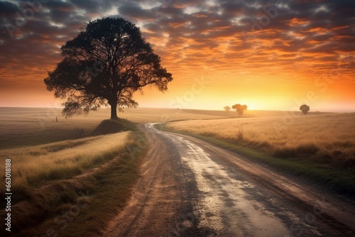 Scenic sunrise with rural road. Generative AI