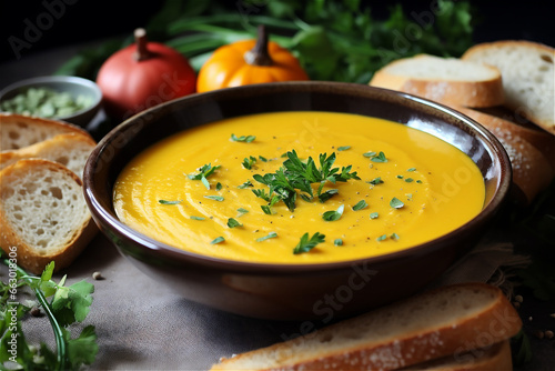 Pumpkin butternut squash soup with cream and parsley on dark wooden background