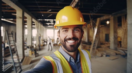 Engineer taking a selfie in construction. Professional builder and renovation concept.