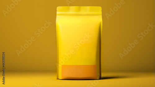 Blank plastic pouch bag on yellow background, Packaging template mockup for pet food with copy space for text