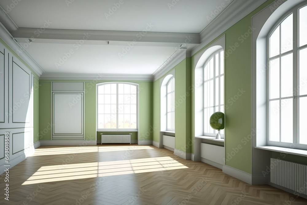 Lovely, spacious room with three large, full-wall windows, glossy parquet flooring, light green walls, and white plinth. example using a Windows Work Path. 7680x4320 in 8K Ultra HD. Generative AI Lovely, spacious room with three large, full-wall windows, glossy parquet flooring, light green walls, and white plinth. example using a Windows Work Path. 7680x4320 in 8K Ultra HD. Generative AI