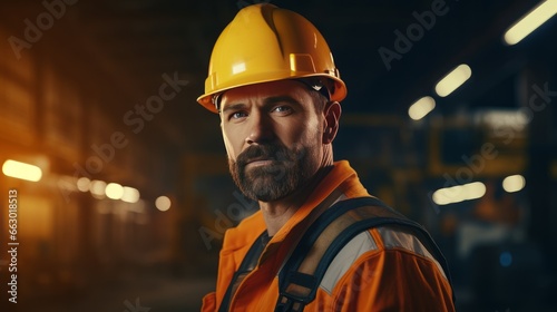 Handsome industrial worker in suit and hardhat.