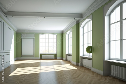 Lovely  spacious room with three large  full-wall windows  glossy parquet flooring  light green walls  and white plinth. example using a Windows Work Path. 7680x4320 in 8K Ultra HD. Generative AI