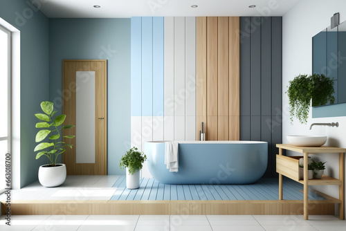 a Japanese minimalist white-and-blue bathroom. stand-alone bathtub and wooden washbasin. farmhouse interior. Generative AI