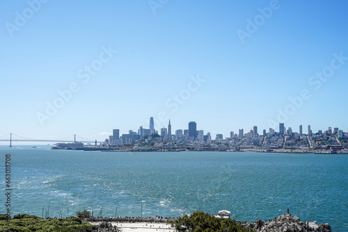 San Francisco, California - USA - June 19, 2023 - View from tour boat coming from Alcatraz Island. View of the city from the water.