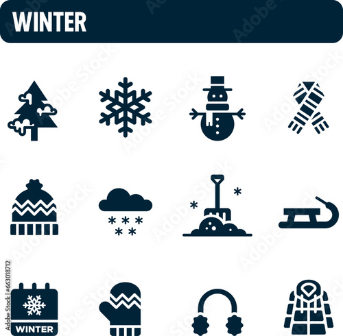 Winter icons. Winter solstice vector set. Filled icon design. Cold and snow season.