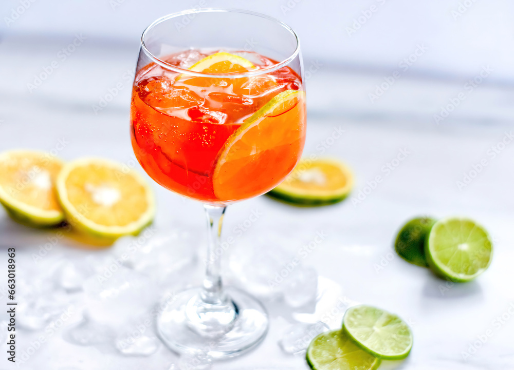 Bebida alcohólica aperol acompañada de naranja y limón Bebida alcohólica aperol acompañada de naranja y limón