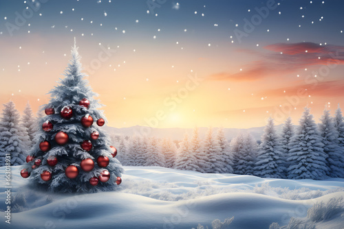 Winter Wonderland, Festive Christmas Tree and Ornament Decorations for Panoramic Wallpaper Header © Ash