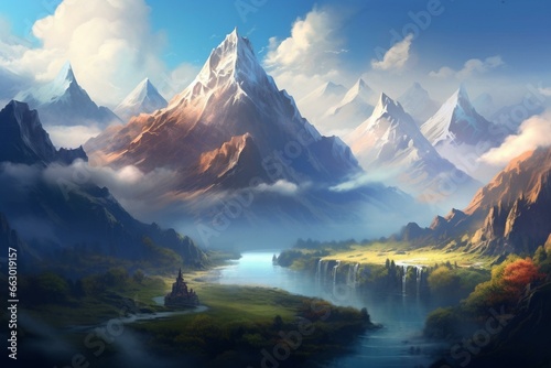 Landscape featuring mountains  clouds  and sky rendered using modern techniques. Generative AI
