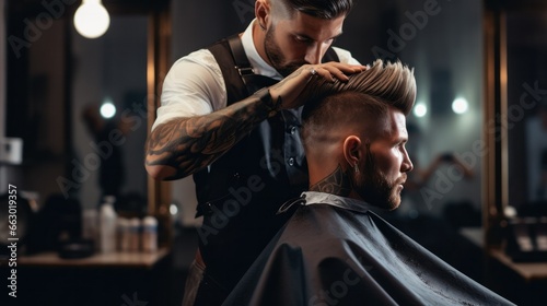 A concentrated barber meticulously styling a man's haircut © PixelPaletteArt