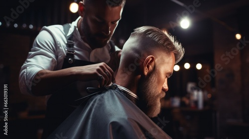 A concentrated barber meticulously styling a man's haircut