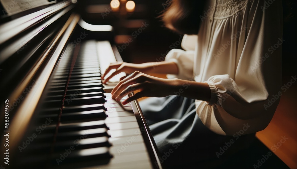 Obraz premium Detailed shot in a room illuminated by ambient indoor lights. A young girl, with a distinct skin tone, sits at a majestic grand piano.