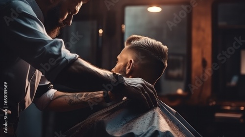 A concentrated barber meticulously styling a man's haircut photo