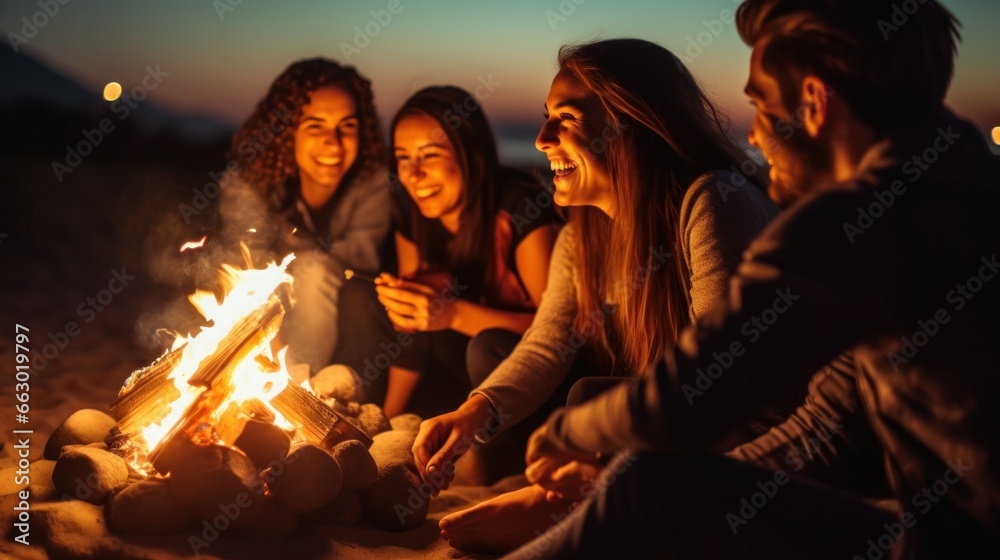 A group of friends around a beach bonfire, enjoying a starry night, their faces illuminated by the warm firelight. A group of friends around a beach bonfire, enjoying a starry night, their faces illuminated by the warm firelight.